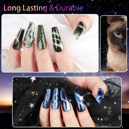12 Colors Cat Eye Gel Nail Polish Set Not Black Magnetic Nail Polish Set Holographic Glitter 9D Galaxy Series Cat Eye Gel Polish Set with 2 Magnet Stick for Home DIY Soak off UV LED