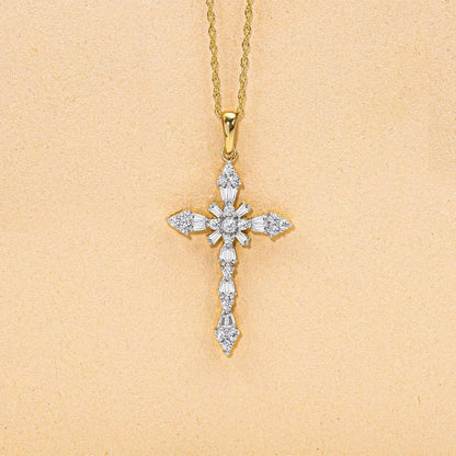 Cross Pendant Necklace in 10K White and Yellow Gold with 1/2 Cttw Natural White round and Baguette Diamonds 18" Rope Chain