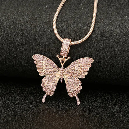 Colorful butterfly pendant necklace set with diamond alloy, snake chain, hip hop necklace for men and women