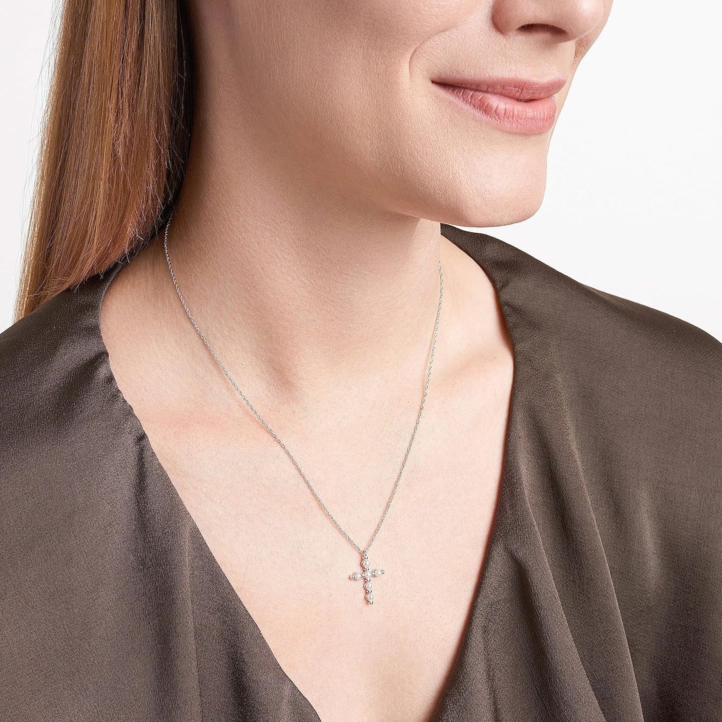 .925 Sterling Silver Gemstone or Cultured Pearl Classic Cross Pendant Necklace on 18" Chain - Choice of Birthstone Colors