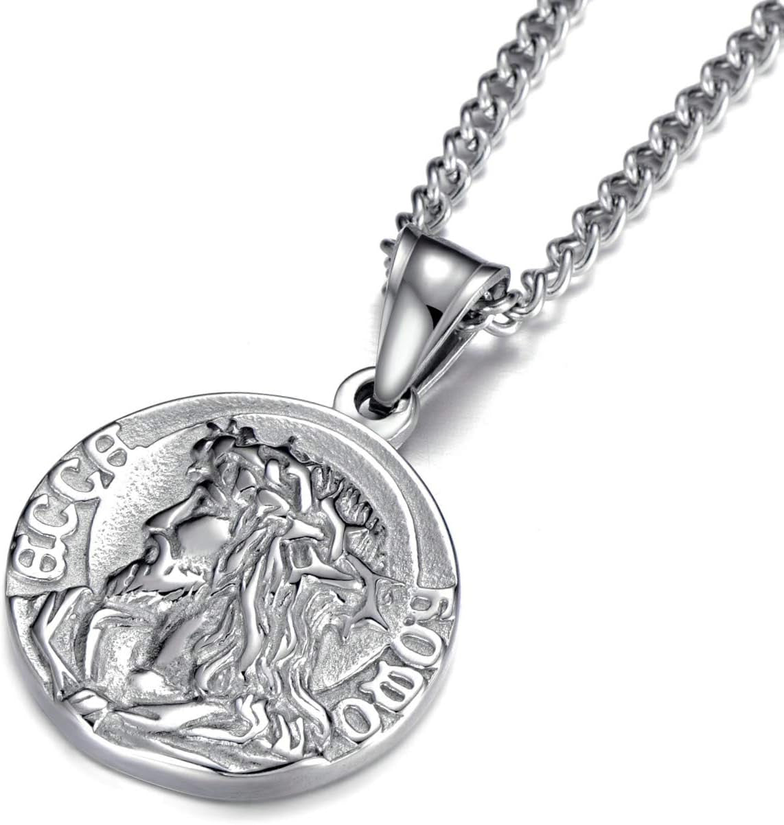 Mens Stainless Steel Crown of Thorns Head of Jesus Christ Pendant Necklace round Medal Prayer Coin Pendant with Link Chain - WORLD TIME VISITS
