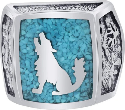 Mens Southwestern Style Turquoise Gemstone Inlay Howling Wolf Sterling Silver Ring - WORLD TIME VISITS