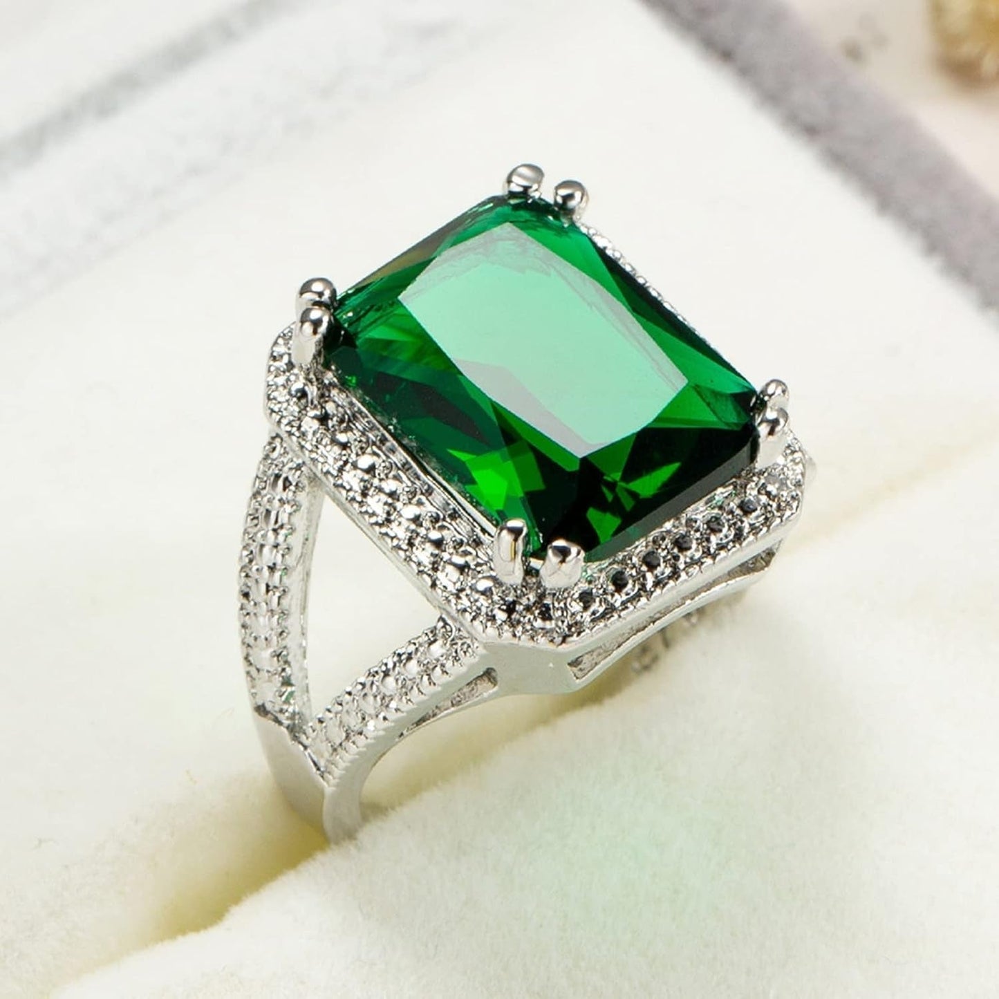 Emerald Halo 925 Sterling Silver Emerald Ring Cocktail Rings Square Cut Green Gem Cubic Zirconia Anniversary Promise Ring CZ Eternity Engagement Wedding Band Ring for Women (7)