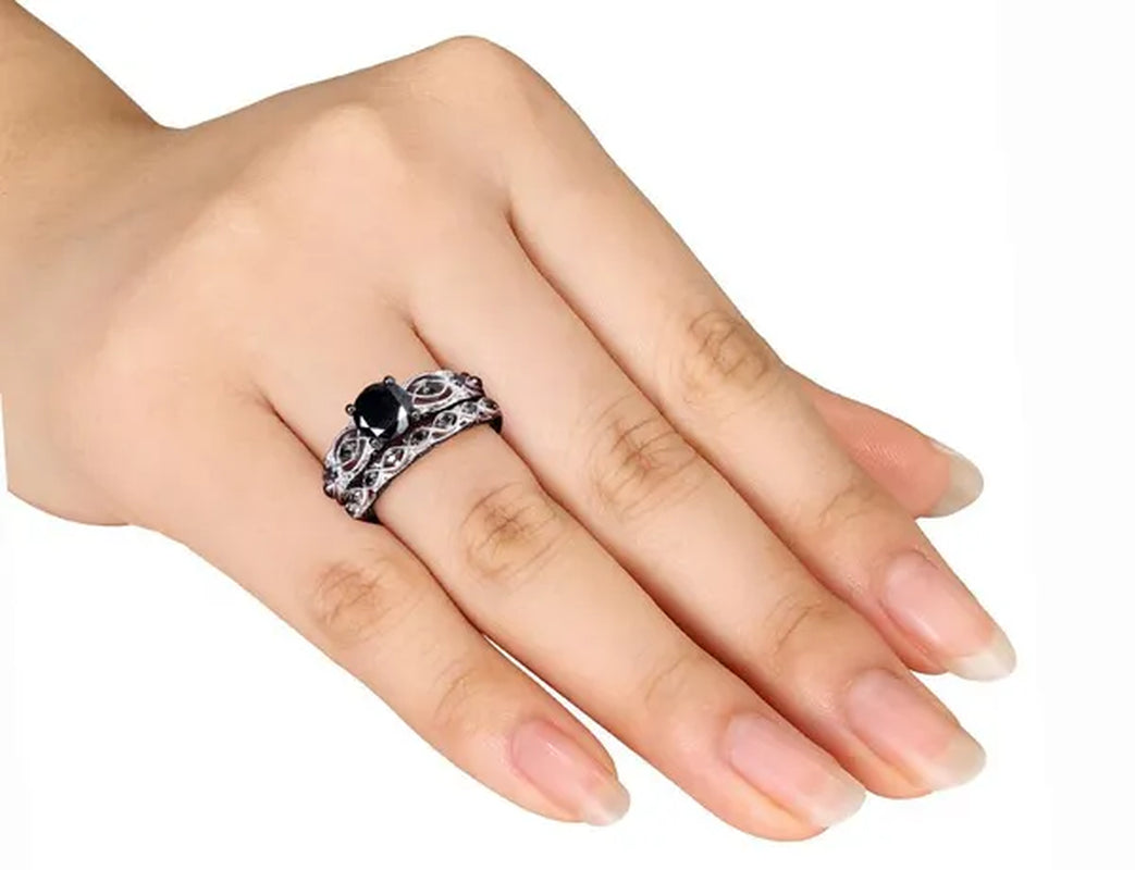 1.39 Carat (Ctw) Black Diamond Engagement Ring and Wedding Band Set in 10K White Gold