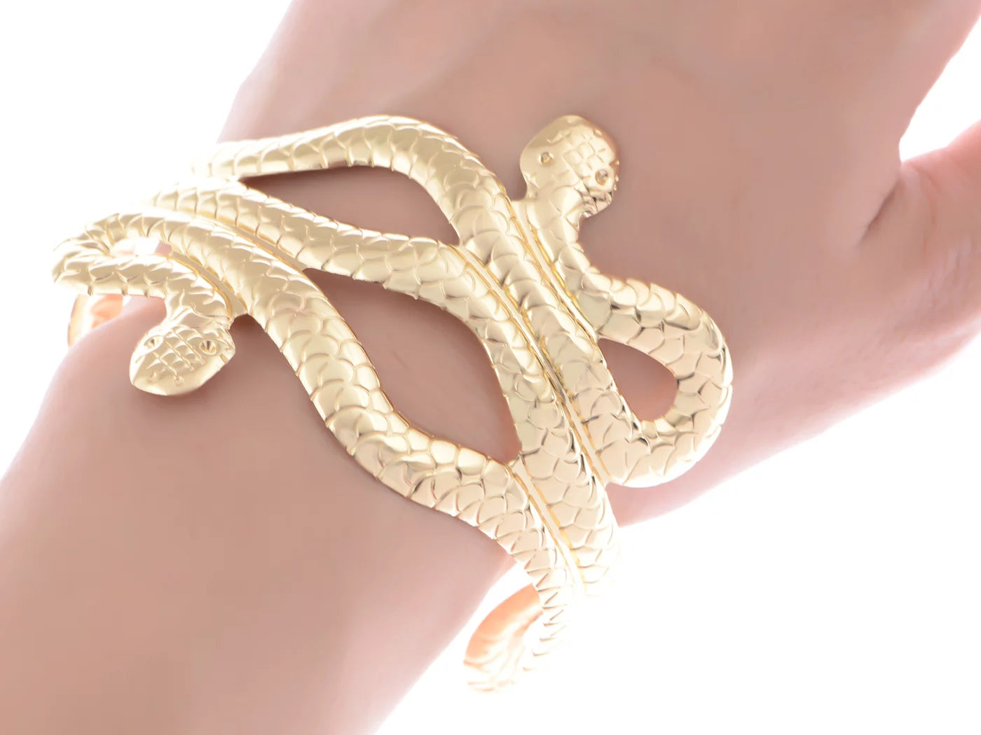 Metal Tone Asian Carved Double Twin Dancing Snakes Serpents Bangle Bracelet, Gold