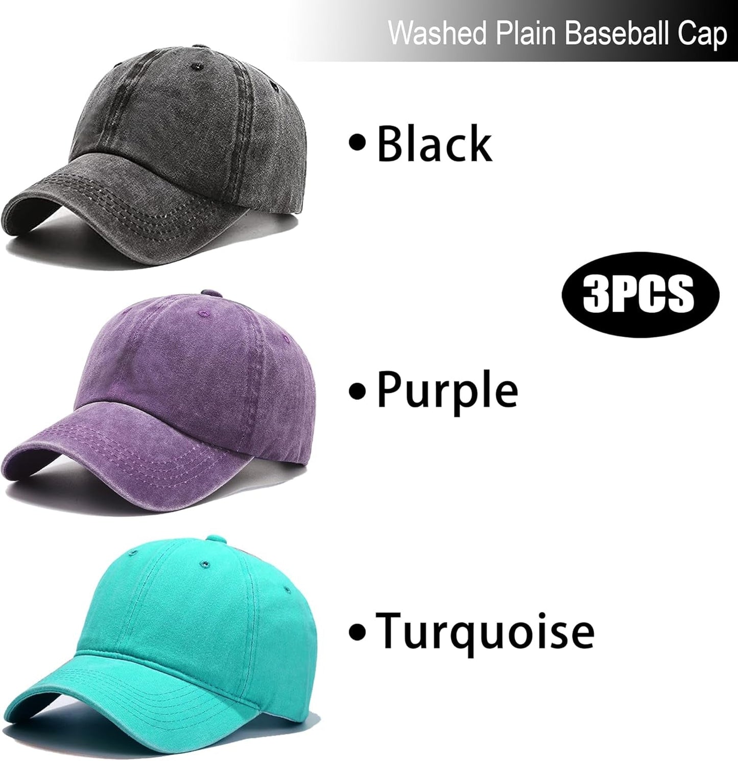 3 Pack Washed Plain Vintage Baseball Cap Cotton Adjustable Twill Bulk Low Profile Classic Dad Hat for Men/Women