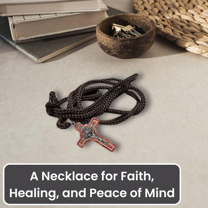 Saint Benedict Medal Wood Crucifix Cord Necklace for Men & Women – Handcrafted Religious Pendant, Healing, Travel Protection, Perfect for Gifting on Special Occasions, Made in Brazil