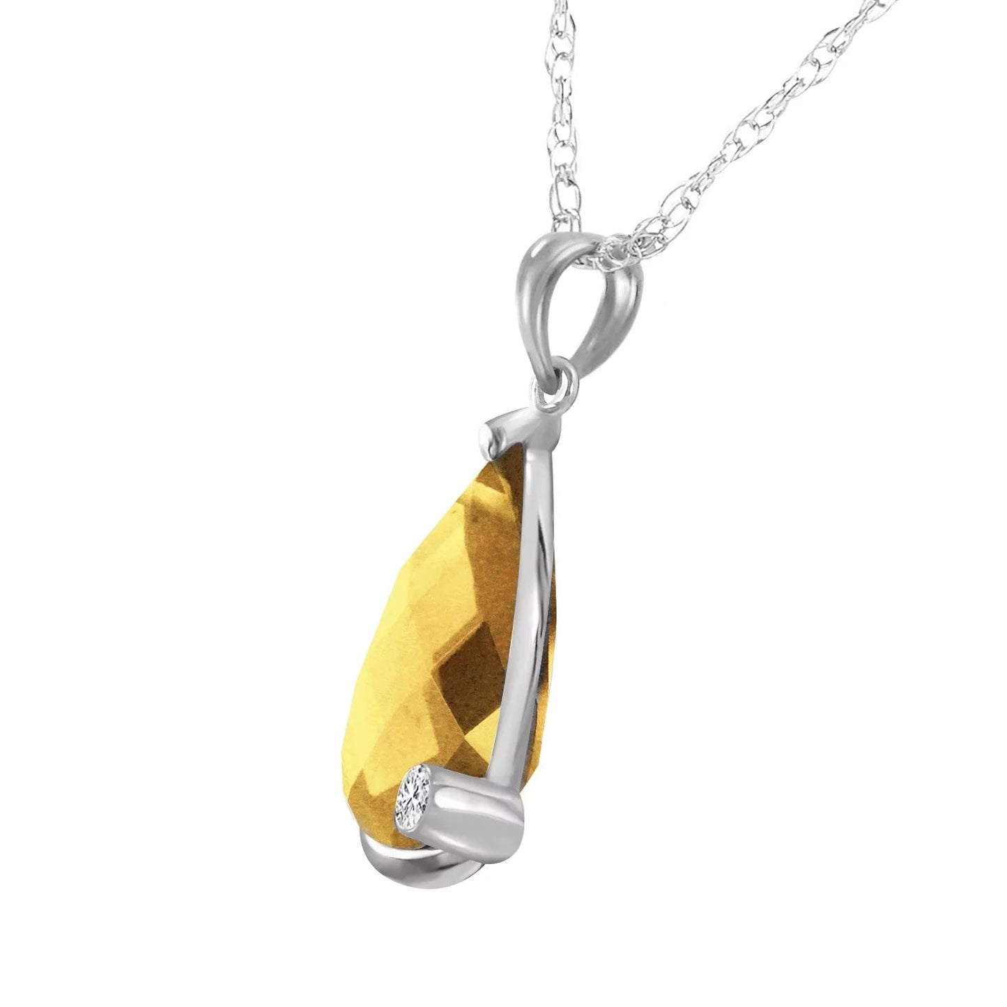 5.04 Carat 14K 20" Solid White Gold Necklace with Natural Briolette Checkerboard Cut Citrine and Diamond Pendant