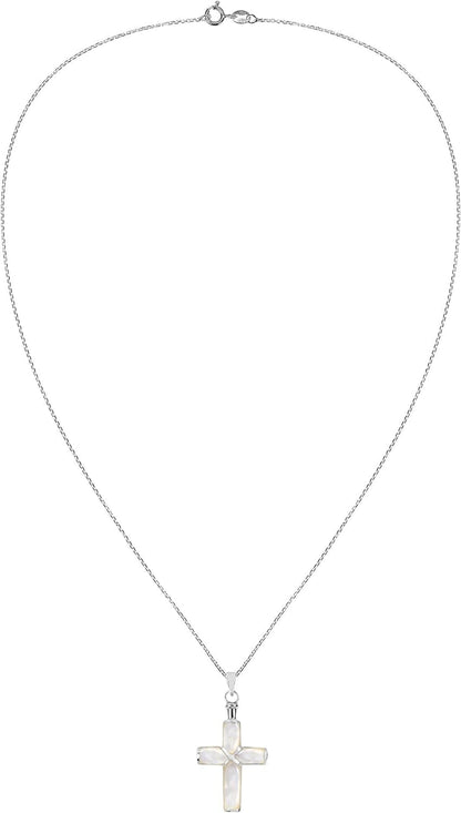 Spiritual Christian Cross White Mother of Pearl Inlaid .925 Sterling Silver Pendant Necklace | Religous Necklace Jewelry for Women | Jewelry Gift