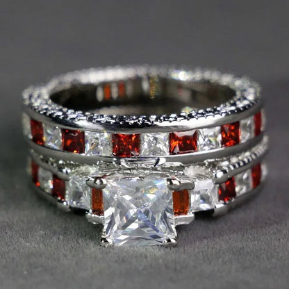 Two Rings Couple Ring His Hers Three-Stone Ring White Gold Plated Ruby CZ Womens Ring Sets Wood Tungsten Steel Men'S Ring
