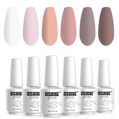 Gel Nail Polish Kit - 6 Colors Classic Nudes Series Natural Skin Tone, Trendy Pigmented Daily Nail Gel Shades Nail Art at All Seasons