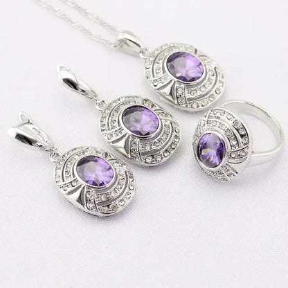 Blue Zircon White Zircon Silver Jewelry Sets for Women Silver Necklace and Pendant Rings Drop Earrings