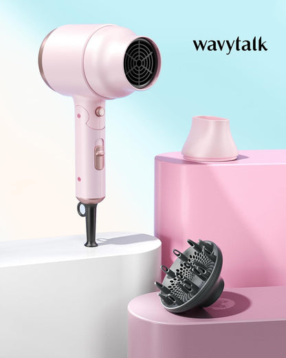 Blow Dryer with Diffuser, Mini Hair Dryer with Folding Handle, 1600W Quiet Lightweight Hairdryer with Diffuser Compact Design, Pinky White