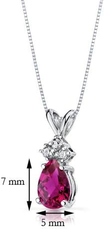 Solid 14K White Gold Created Ruby with Genuine Diamonds Pendant for Women, Dainty Teardrop Solitaire, Pear Shape, 7X5Mm, 1 Carat Total