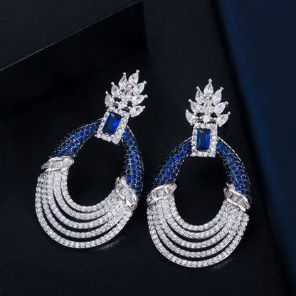 CANDICE Luxury Jewelry Setting Blue Cubic Zircon Silver Plated Statement Trendy Hollow Carved Earrings for Women Brincos
