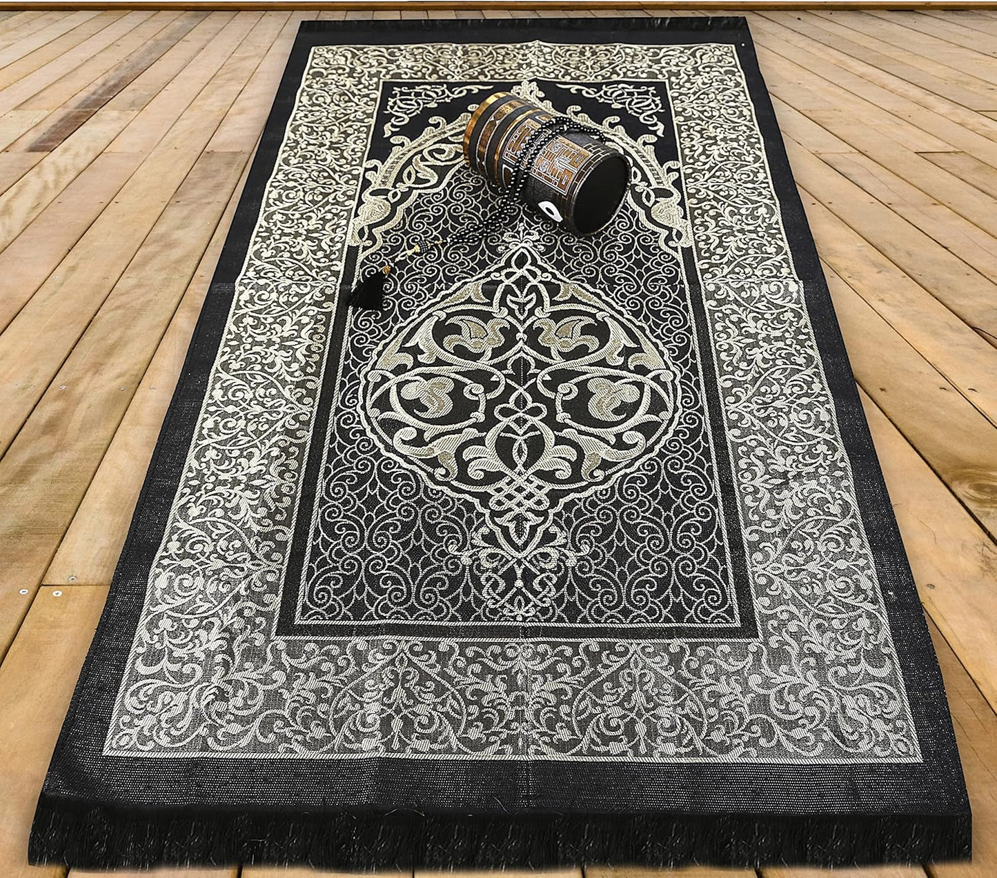 Muslim Prayer Rug Islam and Beads, Kaabe Design Box Eid Ramadan Gifts Islamic Set Carnal Salah Mat Taffeta Fabric Black Soft Prayer Mats Men and Women (Black)