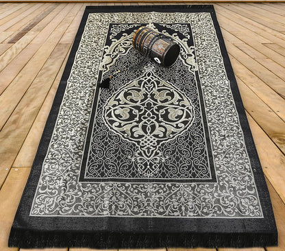 Muslim Prayer Rug Islam and Beads, Kaabe Design Box Eid Ramadan Gifts Islamic Set Carnal Salah Mat Taffeta Fabric Black Soft Prayer Mats Men and Women (Black)