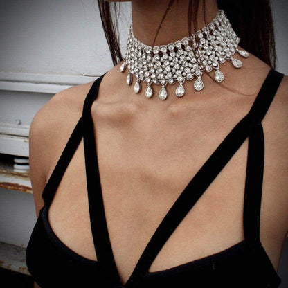 Vintage Boho Full Rhinestones Necklaces Tassel Jewelry Set Layered Pendant Statement Chunky Chain Necklace for Women and Girls
