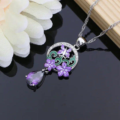 Purple Amethyst Silver 925 Jewelry Sets Charm Enamel Butterfly Flower Earrings Women Handmade Decoration Jewellry