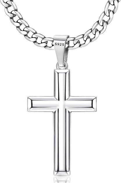 925 Sterling Silver Cross Necklace for Men Women - 5Mm Durable 316L Stainless Steel Cuban Link Curb Chain with Beveled Edge Cross Pendant, Silver Crucifix Necklaces Jewelry, 18-30'' Christian Baptism Gift