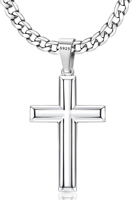 925 Sterling Silver Cross Necklace for Men Women - 5Mm Durable 316L Stainless Steel Cuban Link Curb Chain with Beveled Edge Cross Pendant, Silver Crucifix Necklaces Jewelry, 18-30'' Christian Baptism Gift