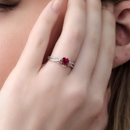 925 Silver and 10K Rose Gold Red Created Ruby and Diamond Ring for Women (0.98 Cttw, Heart Shape 6MM, Available in Size 5, 6, 7, 8, 9)