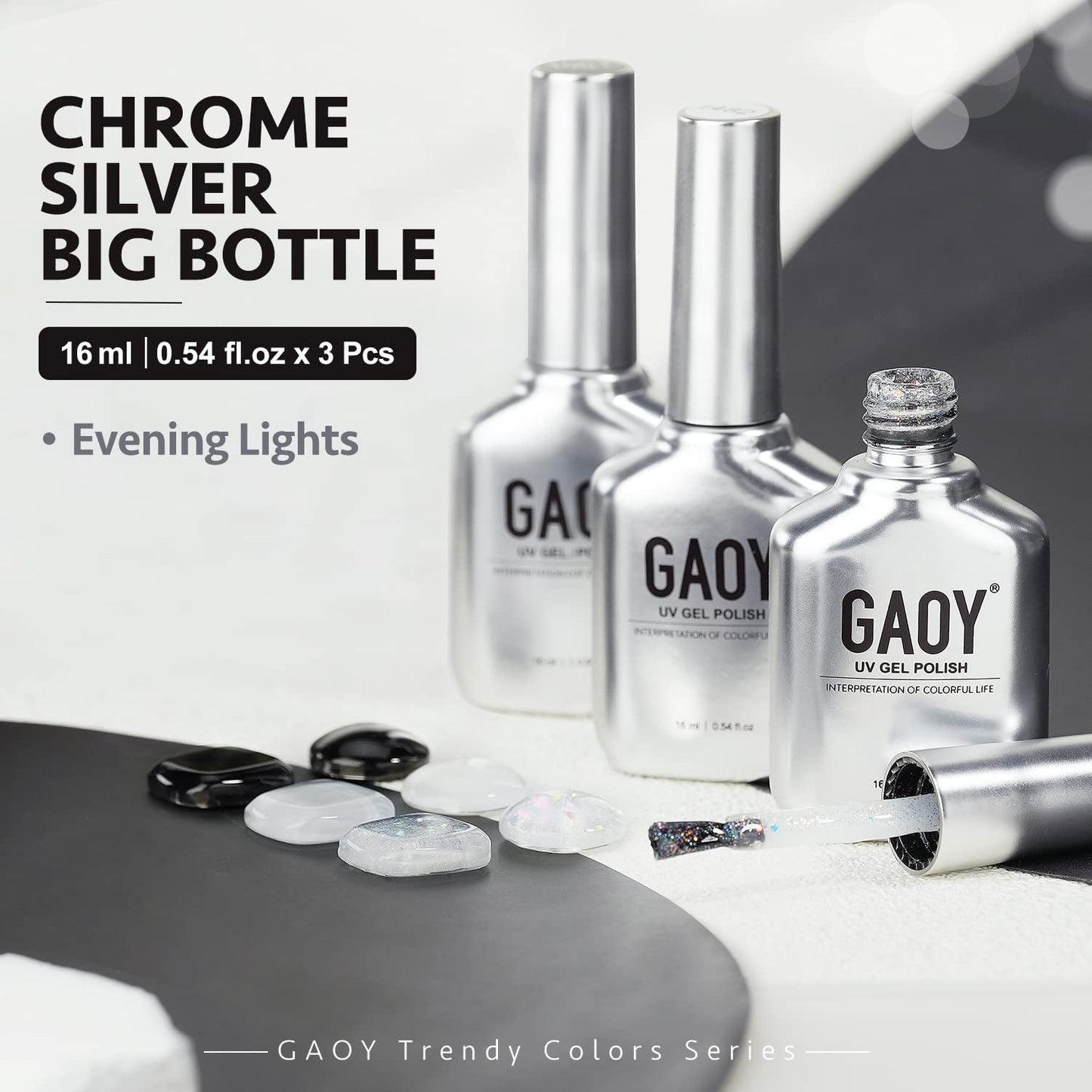 Gel Nail Polish Kit, 3 Colors Black Milky White Jelly Glitter, Sheer Clear Soak off UV Gel Polish Set - Evening Lights
