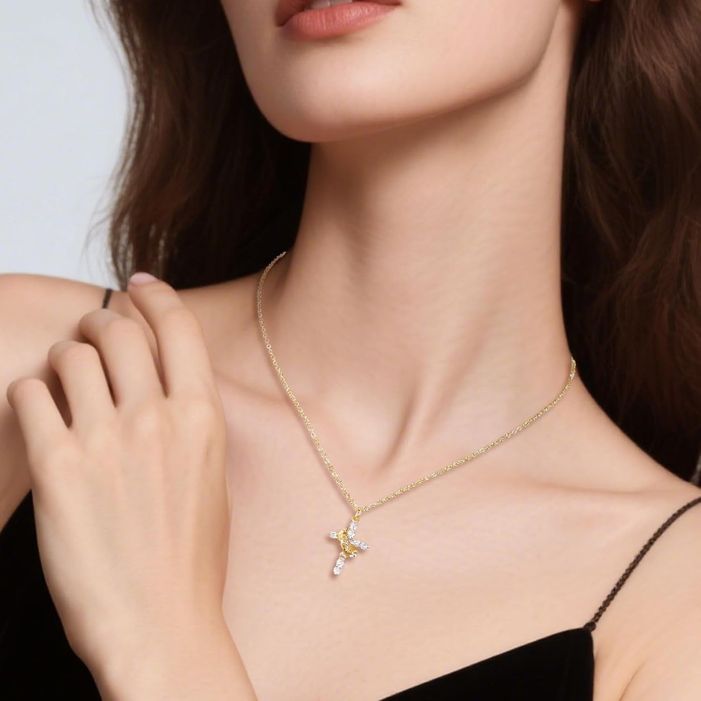 Cross Necklace for Women | Gold Plated Stainless Steel Crown Pendant Necklace with Cubic Zirconia | Trendy Simple Gift