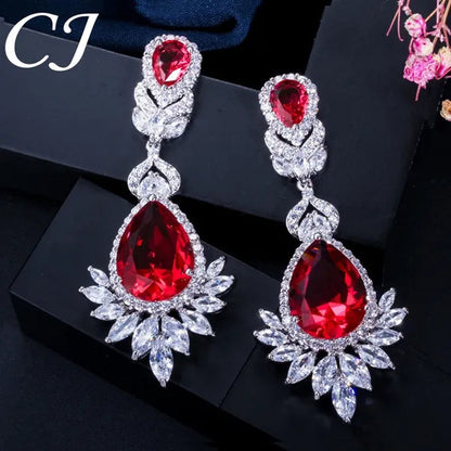 CANDICE Gorgeous Natural Red Green Zirconia Setting Silver Plated Big Teardrop Dangle Earrings for Women Party Dress Accessories - WORLD TIME VISITS