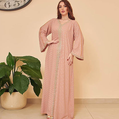 Women'S Muslim Abaya Dress V Neck Bronzing Long Sleeves Elegant Prayer Wear Daily Casual Dress