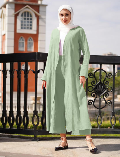 Cotton Prayer Clothes for Muslim Women 2 Piece Open Cardigan Robe Wide Leg Pants Islamic Abayas for Women Prayer Dress