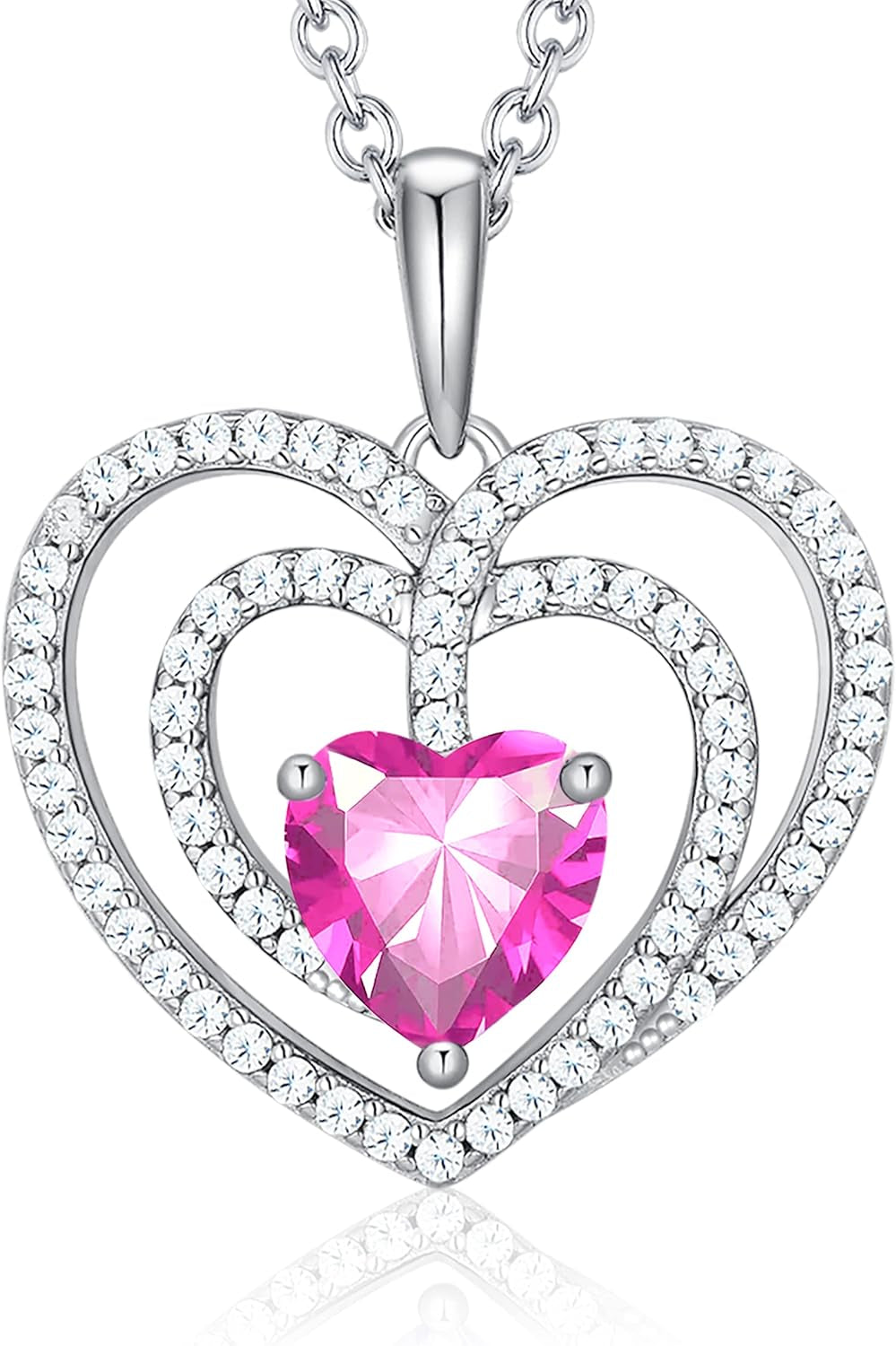 925 Sterling Silver Birthstone Necklaces for Women round Heart Cut Halo CZ Pendant Chain Necklace for Her - WORLD TIME VISITS