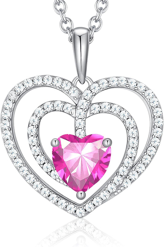 925 Sterling Silver Birthstone Necklaces for Women round Heart Cut Halo CZ Pendant Chain Necklace for Her - WORLD TIME VISITS