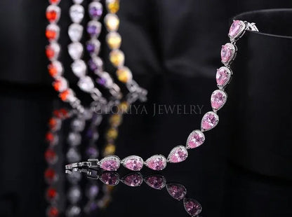 Gloriya Fashion Brand Dazzling Wedding Jewelry for Luxury Pear Cut CZ Zirconia Setting White Gold Plated Woman Party Bracelets Bangles（Size :18 Cm + 3 Cm）