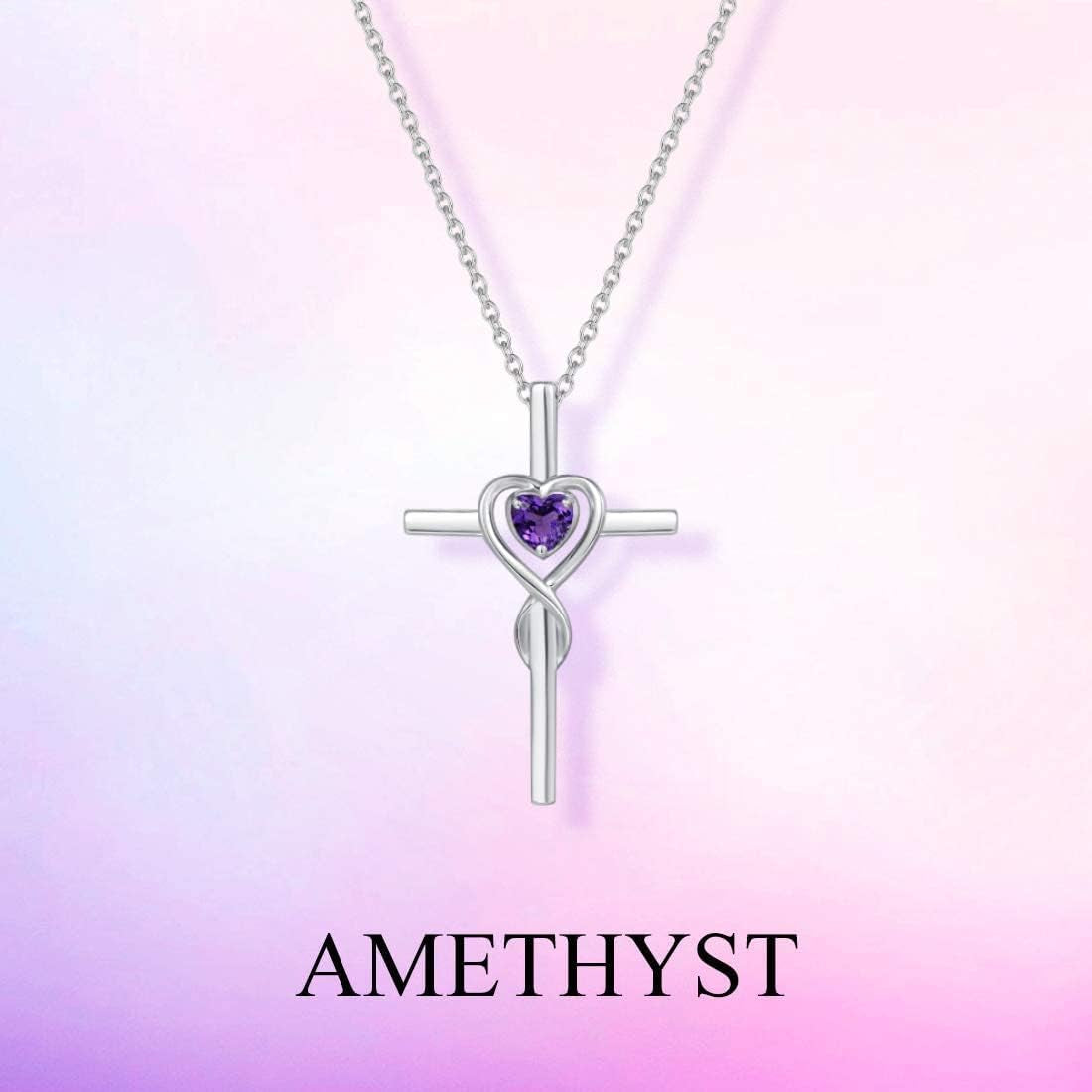 Birthstone Cross Necklace for Women Birthstone Necklace Heart Infinity Cross Pendant Necklace Fine Jewelry Christmas Birthday Holiday Gifts for Her, 16"+2" Inches
