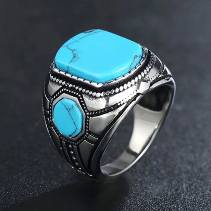 Punk Rock Vintage Classic Blue Cube Turquoise Ring Titanium Steel Retro Fine Rings for Men Boy Cool Jewelry Fashion Accessories