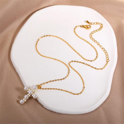 Pearl Cross Necklace Religion Faith Protection Jewelry for Women Inspirational Baptism Gifts 18K Gold Plated Chain