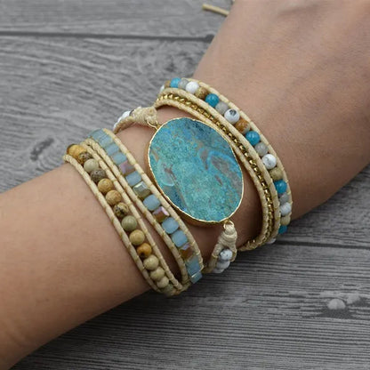 Vintage Boho Handmade Turquoise Charm Natural Stone Beads Bracelets Adjustable Wrap Leather Bracelet Jewelry