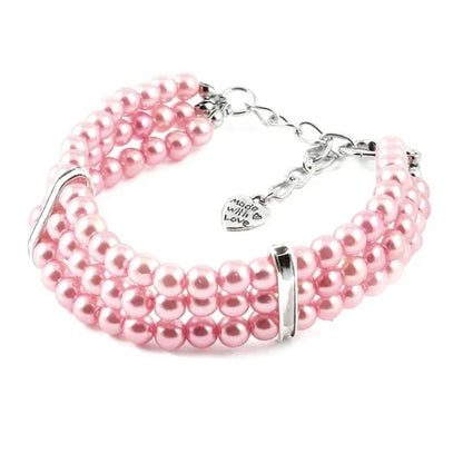 Three Rows Pearl Linked Beads Pet Dog Heart Pendant Puppy Collar Necklace S/M/L Size