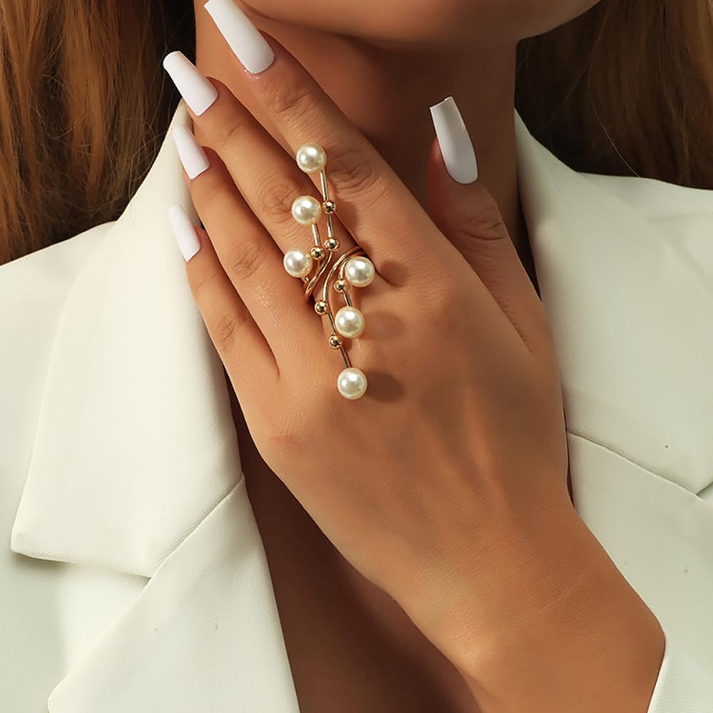 Gold Pearl Rings for Women Chunky Promise Ring Wrap Finger Rings Open Adjustable Stacking Ring Statement Party Prom Jewelry Gifts - WORLD TIME VISITS