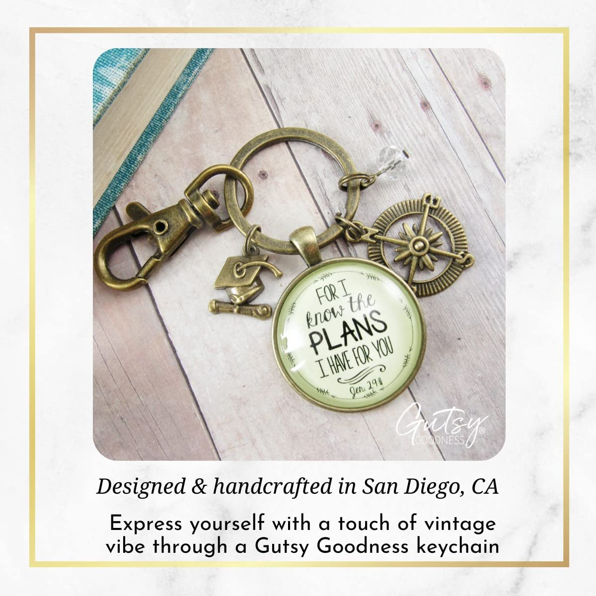 Graduate for I Know Plans Womens Keychain Boho Bronze Faith Jewelry Gift Key Ring - Handmade Pendant Religious Verse Jeremiah 2911 Graduation Tassel Cap Charm & Bead, Ready to Gift Message Card & Box