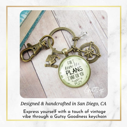 Graduate for I Know Plans Womens Keychain Boho Bronze Faith Jewelry Gift Key Ring - Handmade Pendant Religious Verse Jeremiah 2911 Graduation Tassel Cap Charm & Bead, Ready to Gift Message Card & Box