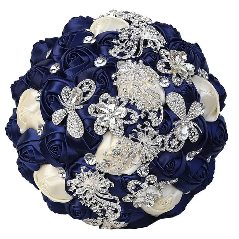21CM Silver Rhinestone Bridal Hand Flowers Ribbon Wedding Hand Bouquet Mixed Color Silk Rose Diamond Brooch Bridesmaid Bouquet Wedding Supplies