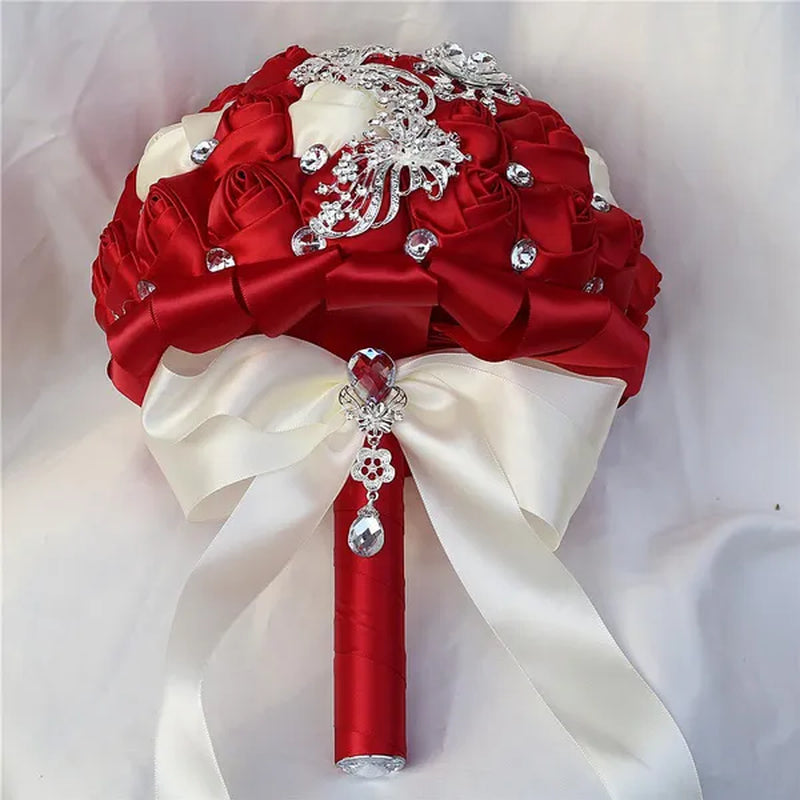 21CM Silver Rhinestone Bridal Hand Flowers Ribbon Wedding Hand Bouquet Mixed Color Silk Rose Diamond Brooch Bridesmaid Bouquet Wedding Supplies