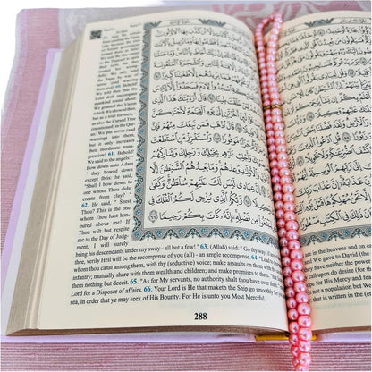 English Translate Thermo Leather Covered Quran, Tafta Prayer Mat and Beads Set |Quran Size:8X5.5X1.2 İnch/20X14X3Cm | Muslim Prayer Mat | Great Ramadan Gifts for Muslim Men,Women (Pink, 1 Sets)