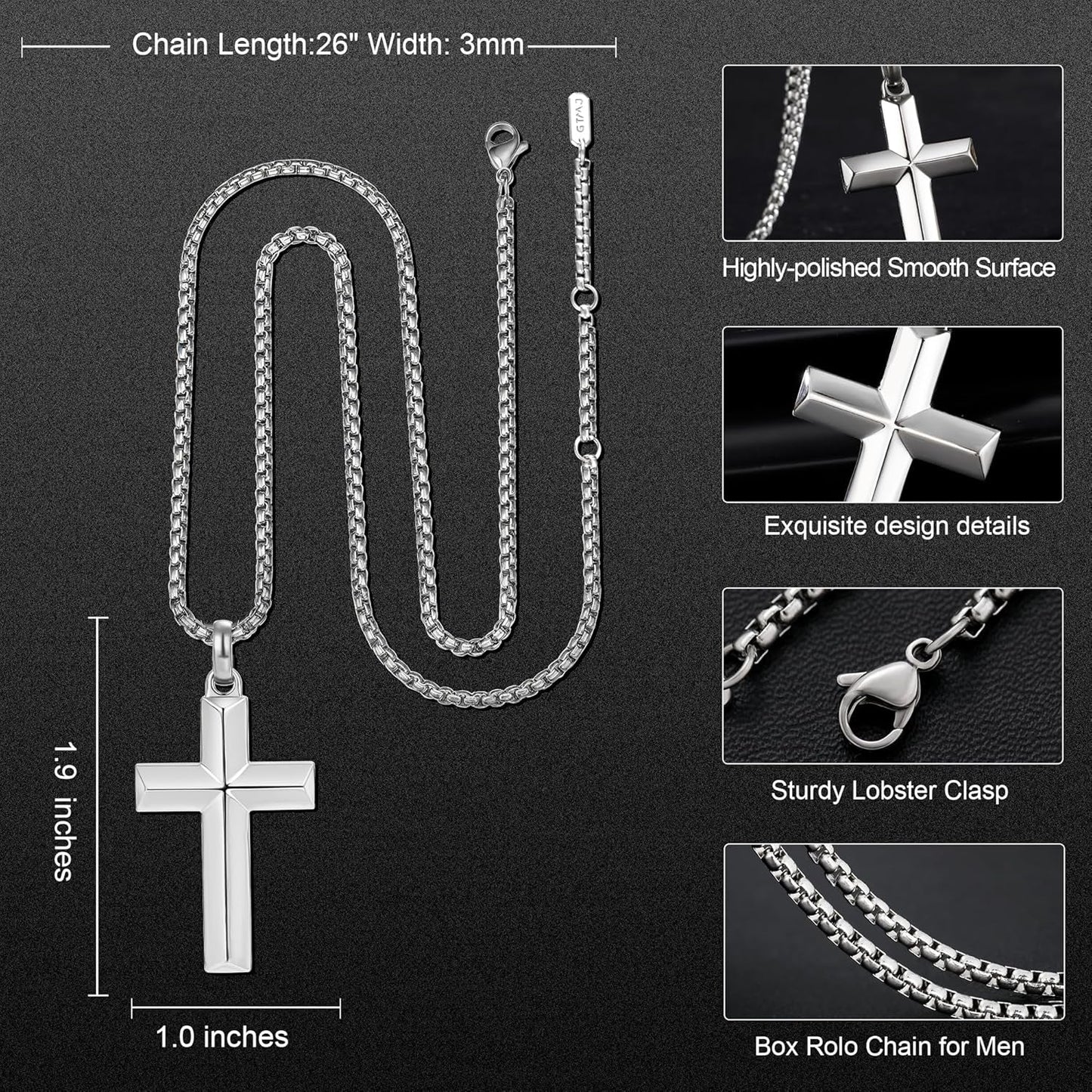 Cross Pendant for Men -18K Gold-Plated/Silver/Black Cross Necklace, Suitable for Men - Non Fading and 100% Waterproof Men'S Necklace, 24-26 Inch Box Adjustable Chain - WORLD TIME VISITS