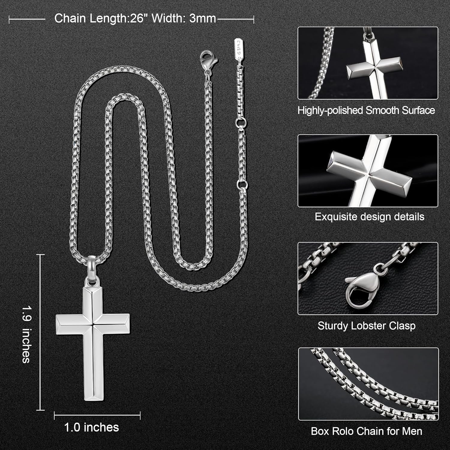 Cross Pendant for Men -18K Gold-Plated/Silver/Black Cross Necklace, Suitable for Men - Non Fading and 100% Waterproof Men'S Necklace, 24-26 Inch Box Adjustable Chain - WORLD TIME VISITS