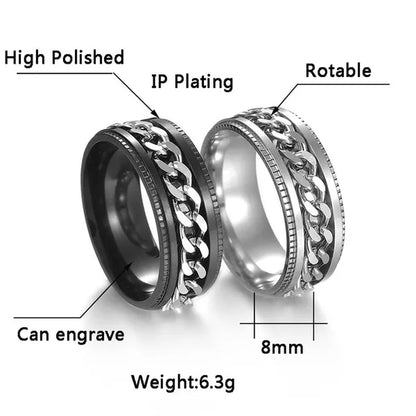 Fashion Punk Stainless Steel 8mm Rings for Men Chain Rings Biker Grooved Edge, Size 6-12
