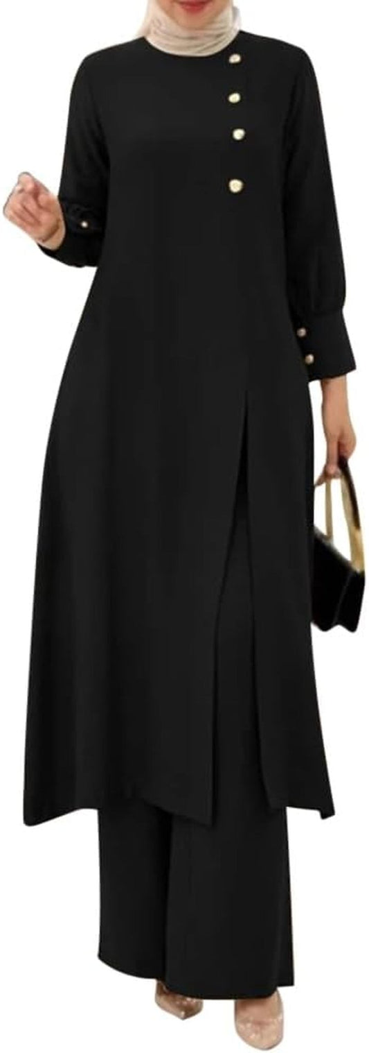 Abaya Dress for Women Muslim Set Long Sleeve Ramadan Islamic Dress Shirt with Pants 2PCS Dubai Prayer Casual Clothes - WORLD TIME VISITS