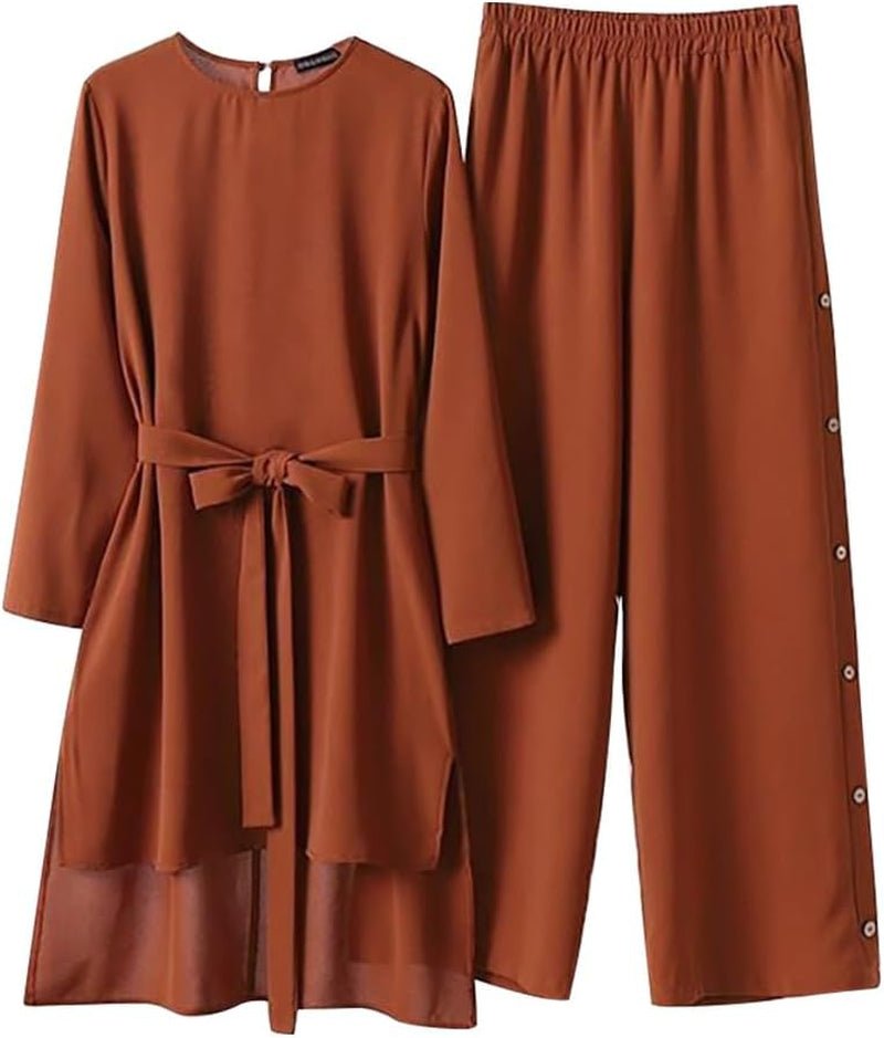 Abayas Dress for Women Muslim Long Sleeve Loose Top Pants 2 Pcs Dubai Islamic Muslim Women Matching Sets - WORLD TIME VISITS